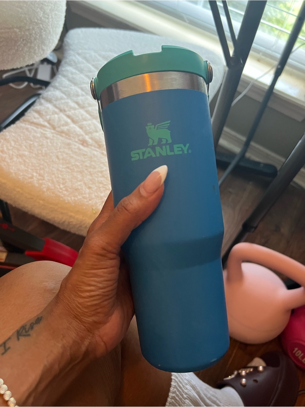 Stanley Blue Tumbler with Green Lid Accent FLIP